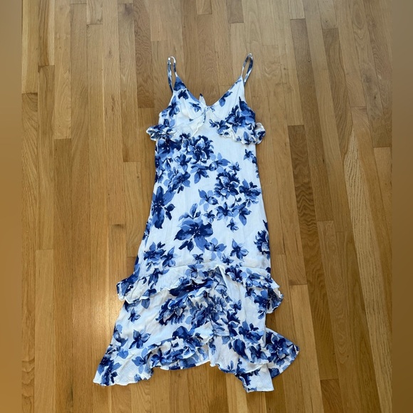 Island Time Blue and White Floral Print Ruffled Midi Dress by LULU's - Picture 10 of 16